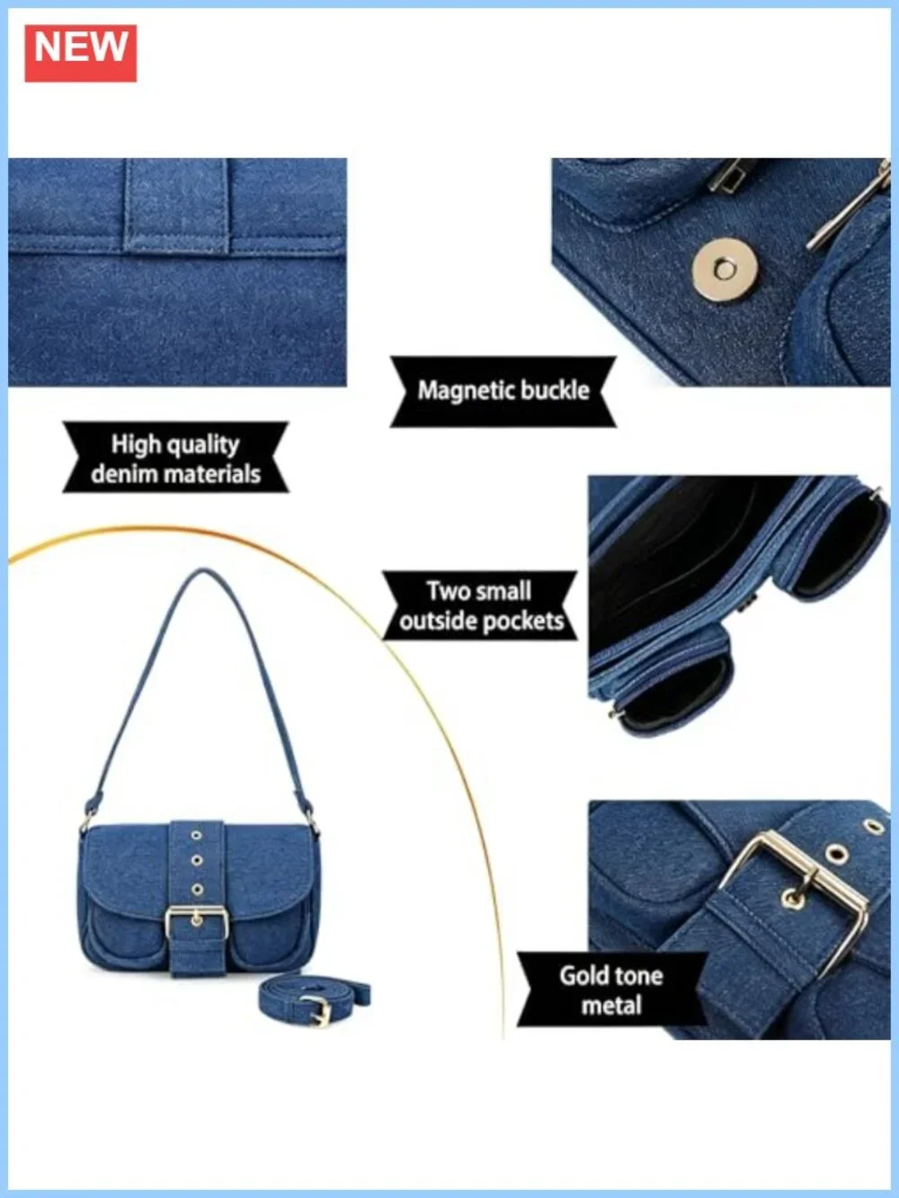 Vintage Denim Crossbody Bag for Women Small Saddle Purse with Magnetic Clasp